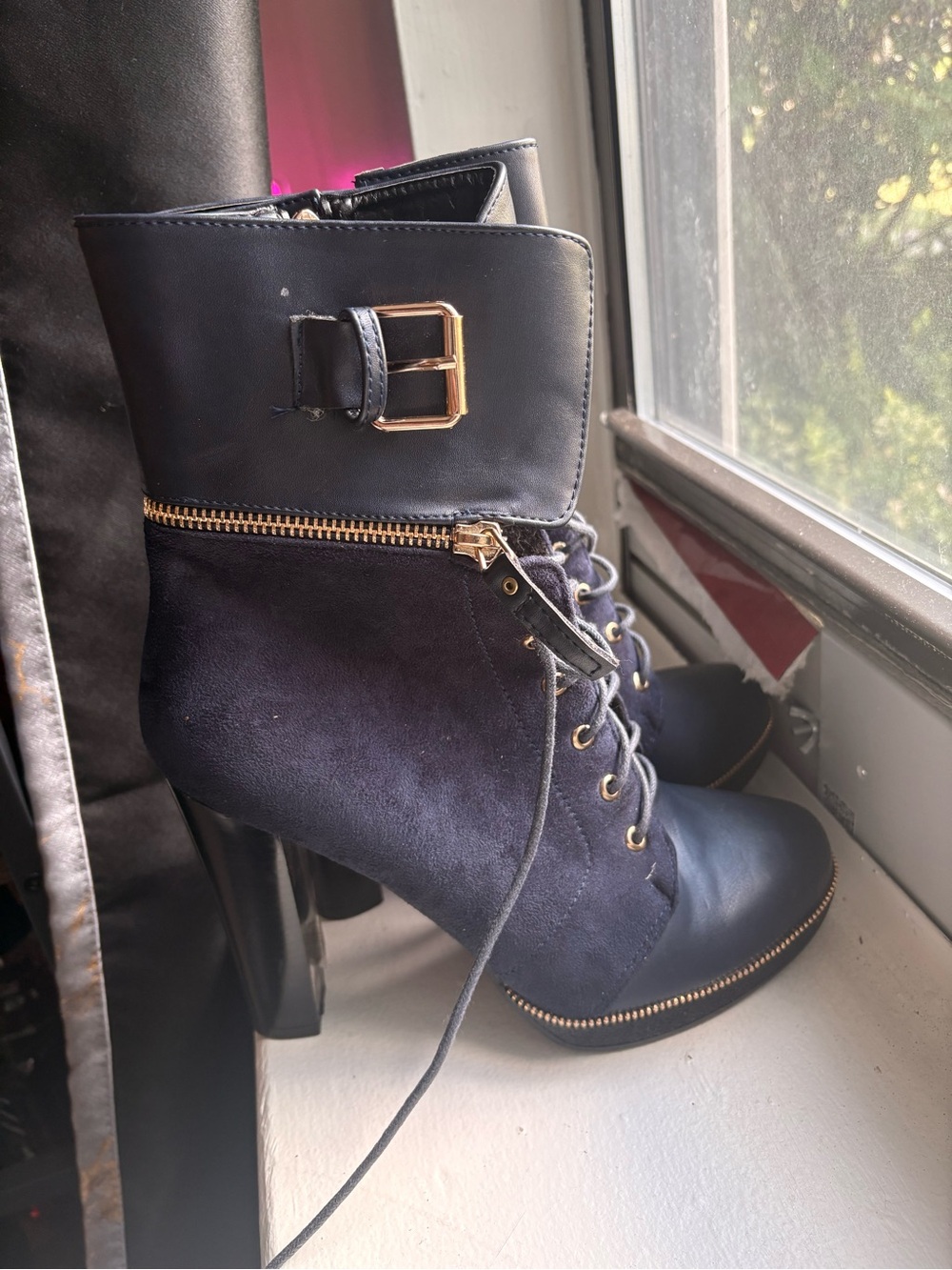 Italina Navy Lace-Up Heeled Ankle Boots with Gold Hardware